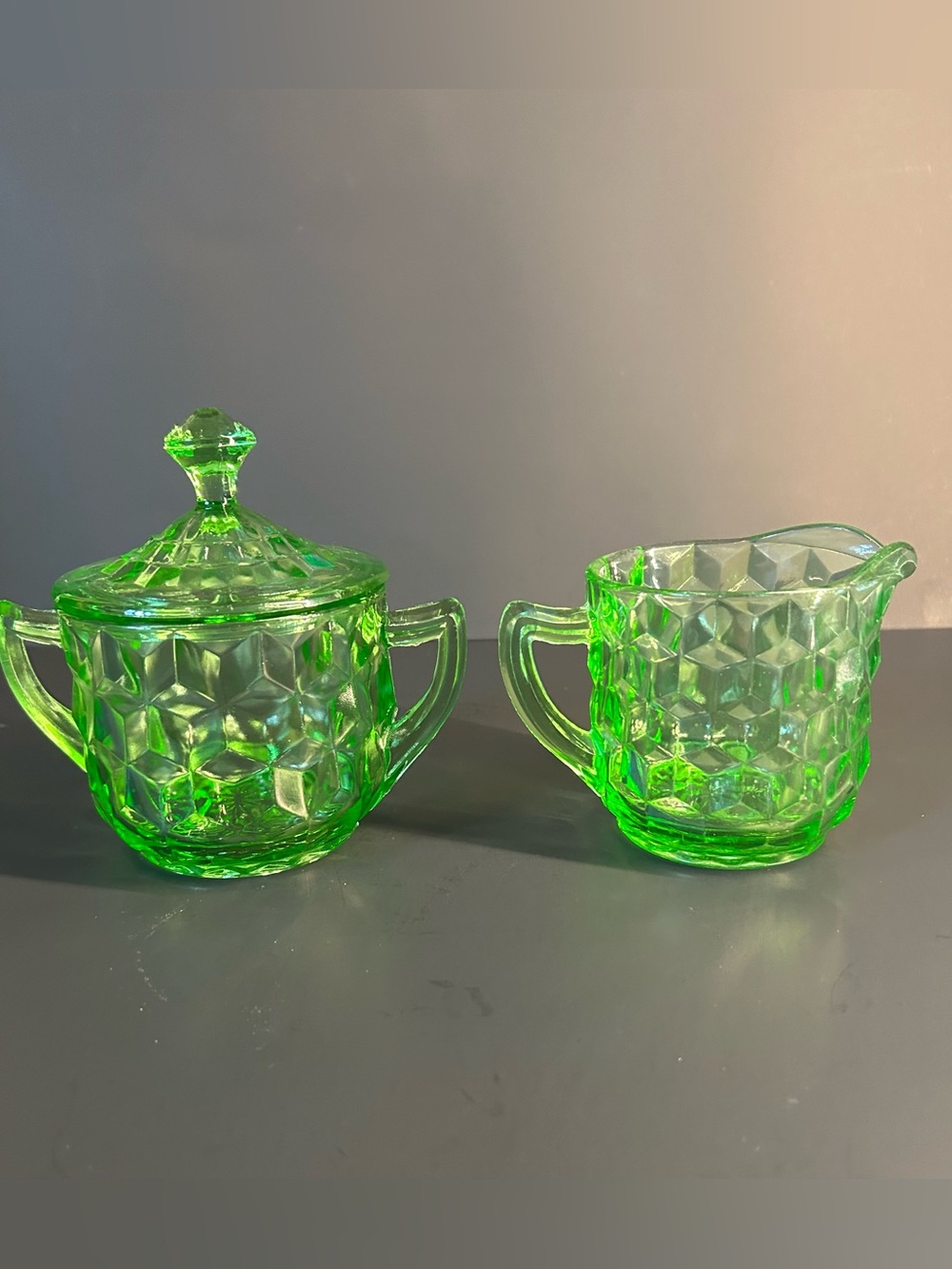 Vintage Jeannette Cube Pattern Green Uranium Glass Creamer and Sugar Set